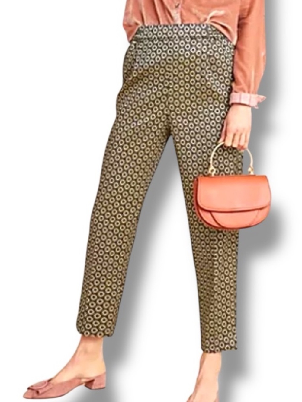 Anthropologie Larkin Metallic Gold Jacquard Geometric Pull On Ankle Pants M